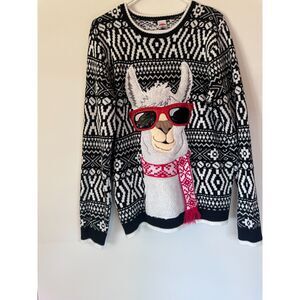 Holiday Time Llama Ugly Christmas Sweater Men’s L Black White Red Funny